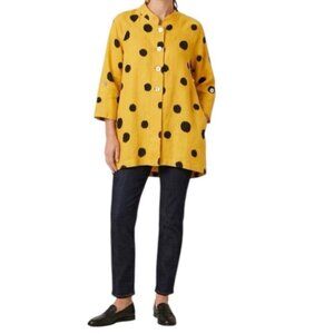 TALIE Yellow Black Polka Dot Linen Blend Button Front 3/4 Sleeve Shirt Medium